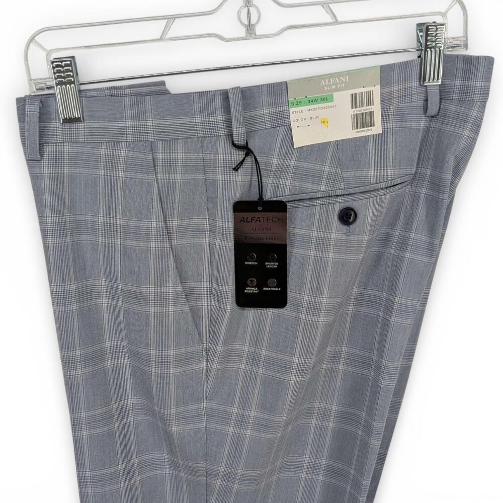 Alfani Men's Slim Fit Stretch Travel Ready Suit Dress Pants Plaid Blue 34 x 30